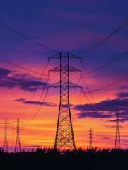 Fototapeta premium A stunning sunset skyline featuring power lines and towers, silhouetted against a vibrant sky, showcasing urban energy infrastructure.