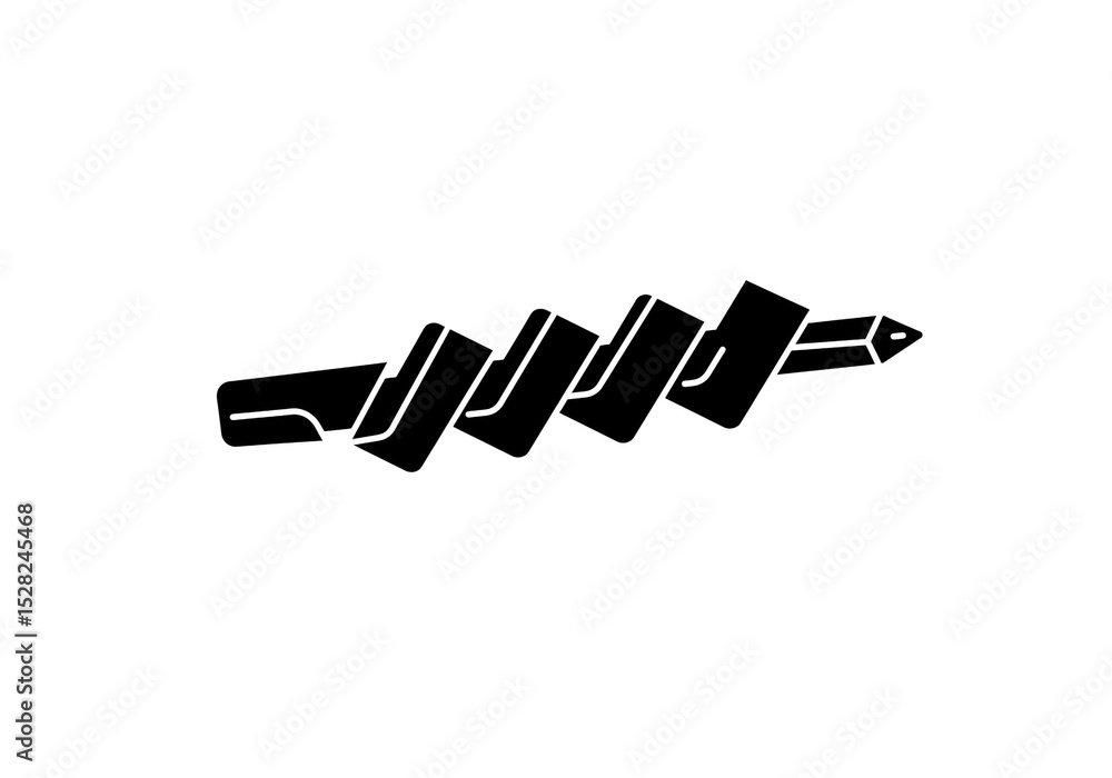 Poster a black and white image showing a drill bit with a spiral design on a white background centered