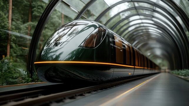 This captivating image presents a sleek green train merging with lush greenery, showcasing futuristic design in harmony with nature, evoking progress and innovation.