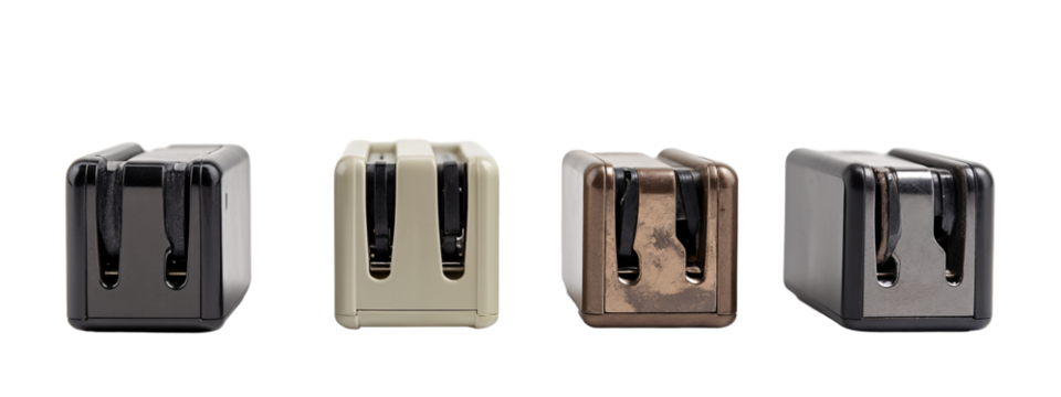 A set of four different colored toasters