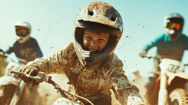 Excited children riding dirt bikes, kicking up dust, exemplifying adventure and thrill in the great outdoors, perfect for showcasing youthful exuberance and outdoor fun. - Powered by Adobe