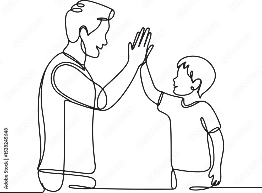 Poster continuous line drawing of a man and child giving a high five on a white background