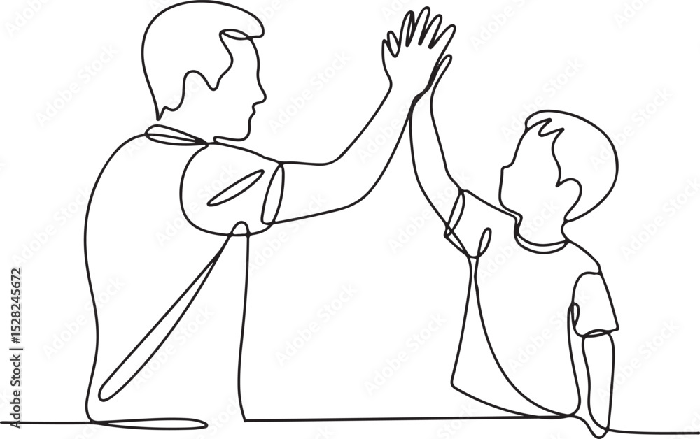 Poster continuous line drawing of a man and child giving a high five on a white background