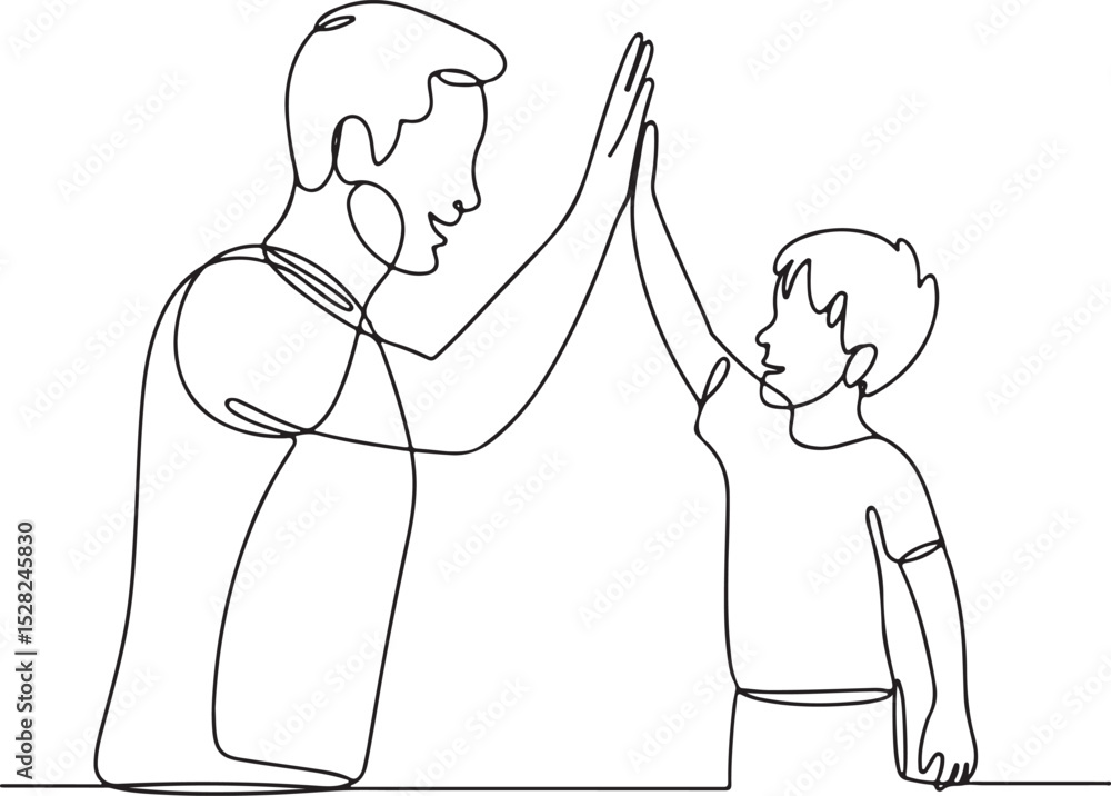 Poster continuous line drawing of a man and child giving a high five on a white background