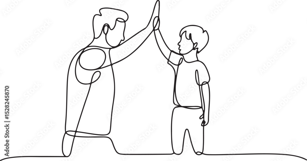 Poster continuous line drawing of a man and child giving a high five on a white background