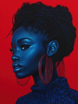 Elegant beauty portrait of Afro-Asian woman in striking red and blue