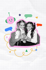 3D collage trend artwork sketch poster of classmates two young girl smile hold phone bot e-learning...