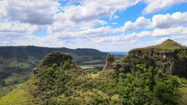 Aerial video of Pedra do Indio mountain in Botucatu, Brazil