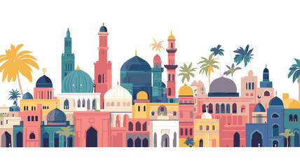 Colorful Islamic City Skyline Vector – Middle Eastern Architecture with Domes and Minarets. Middle Eastern cityscape desert skyline minarets domes palm trees sand dunes blue sky modern flat design.