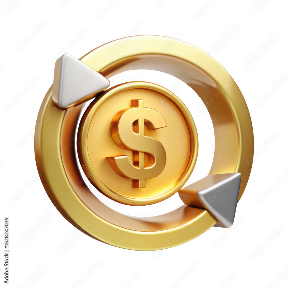 Poster 3d golden dollar coin in circular arrows isolated on transparent background