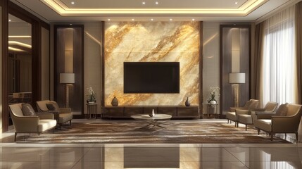 Modern interior design of living room with TV Luxurious apartment background with contemporary design Wall mock up Screen TV mockup 3D render 3D illustration