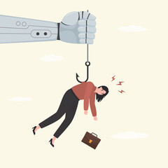 Stress, failure and personal weakness from new technologies. Robot arm holding rope with hook and loser woman. Businesswoman hanging on fishing hook feeling depressed