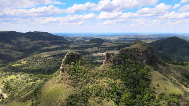 Aerial video of Pedra do Indio mountain in Botucatu, Brazil