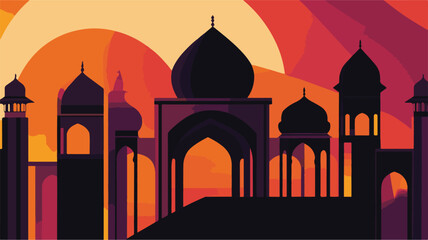 The silhouette of the mosque against the colorful sunset in the background. Silhouette Islamic Mosque - Minimalist religious architecture.