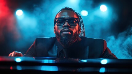 A charismatic musician wearing sunglasses, exuding cool confidence while performing under vibrant lighting. Their expression and style embody the captivating essence of live music.