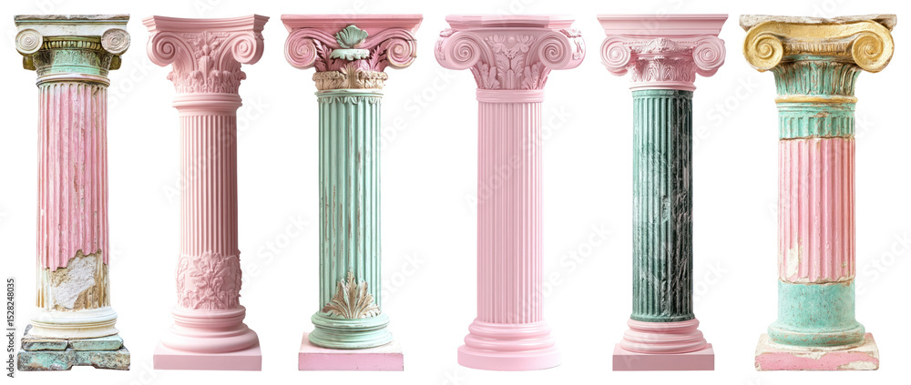 Poster png colorful classical architectural columns, element set on transparent background