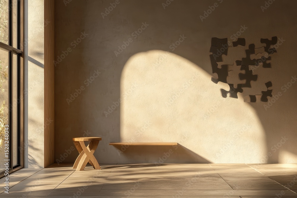 Aufkleber puzzle piece fitting into its place in a serene interior setting with soft lighting, the last piece 