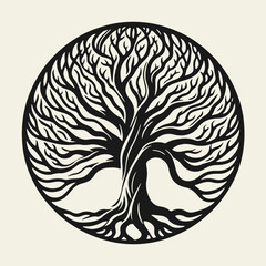 Black and white flat vector illustration of Yggdrasil, the World Tree from Norse mythology, enclosed in a circle. Suitable as a logo or t-shirt print in a minimalist symbolic style.
