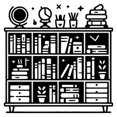 Black and white icon of low open bookshelf with books, flower pots, globe, and decorative items, cozy home interior furniture element
