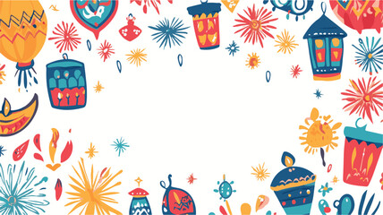 Diwali Festival Frame Background – Decorative Border with Lanterns, Dyas, and Fireworks for Indian Holiday Greeting and Celebration Design. Hanging Christmas Ornaments Holiday Background.