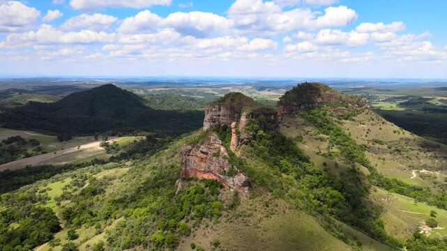 Aerial video of Pedra do Indio mountain in Botucatu, Brazil