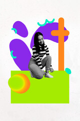 3d sketch image vertical collage of happy businesswoman businessman stand colorful geometric figure development aim achievement