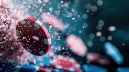 Dynamic composition of falling poker chips creates an energetic casino scene, symbolizing excitement and the thrill of gaming amidst bright lights and colorful contrast.