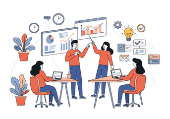 flat vector illustration: A diverse team collaborates around a table, two members lifting a bright lightbulb, symbolizing idea generation and teamwork in a business setting