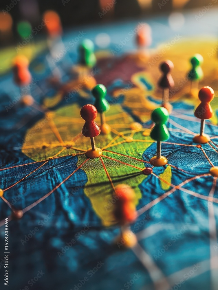Poster colored pins on a world map create an abstract representation of global connections, highlighting ne