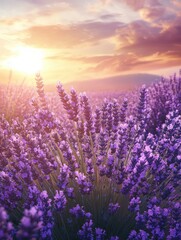 Obraz premium A field of lavender flowers with the sun filtering through clouds in the background