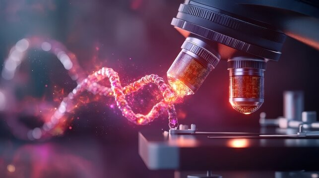 A stunning visual of a microscope examining a dazzling DNA strand, encapsulating the essence of scientific discovery and innovation in the field of biology and genetics. - Powered by Adobe