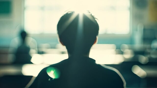 Student's Back in Classroom Looking Towards Sunlight