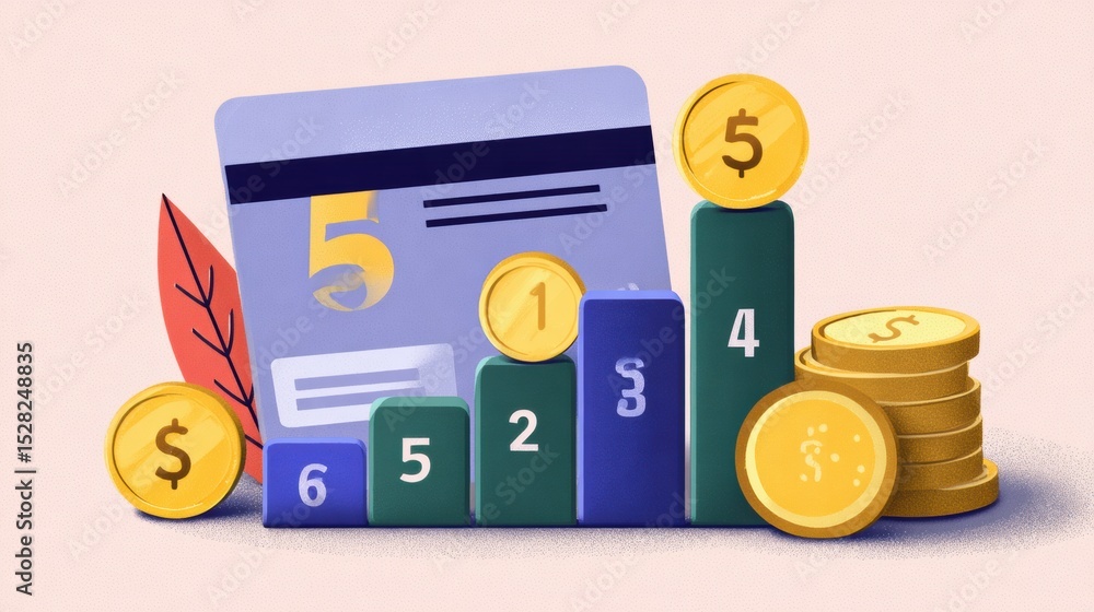 Poster credit score improvement tips featuring a 5-step process with bank card and coins icons illustrated 