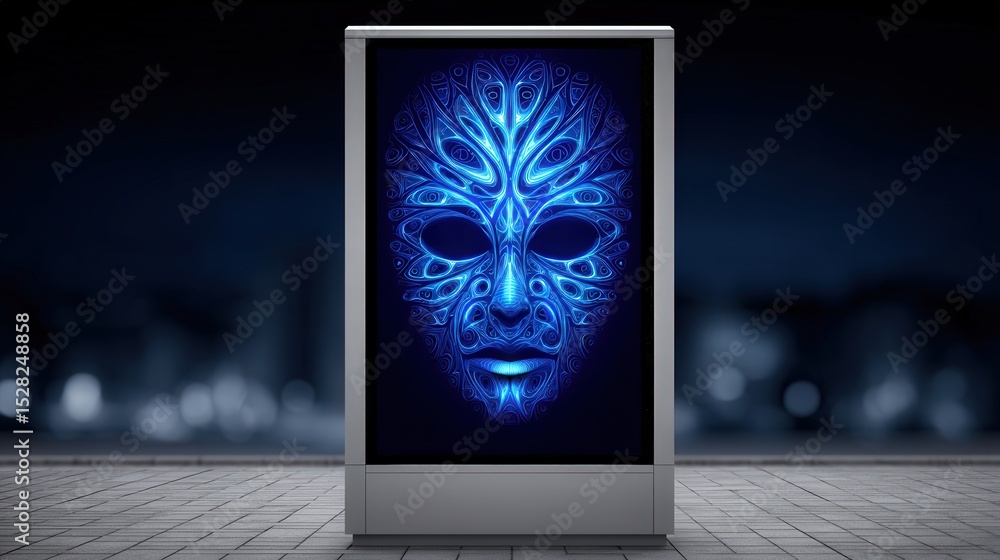 Aufkleber futuristic blue mask art displayed prominently in urban setting showcasing digital creativity with i
