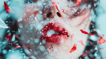 An intimate close-up of lips adorned with petals and snowflakes, capturing vulnerability and beauty in a striking visual representation of emotions and art.
