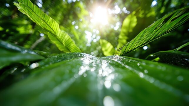 A captivating close-up of vibrant green tropical leaves glistening in sunlight, capturing nature's beauty and tranquility while inviting a sense of peace and serenity to the observer.