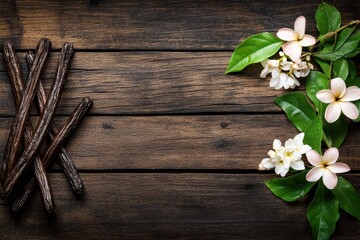 Vanilla beans and fragrant plumeria flowers arranged on a dark brown wooden background