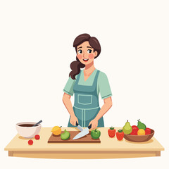 Female Character Preparing Fresh Fruits on Kitchen Table Vector