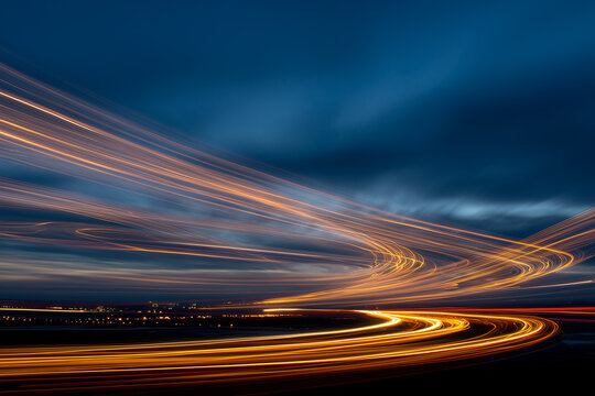 Dynamic streaks of light cut through the twilight sky, painting a vibrant picture of motion and speed over a cityscape.