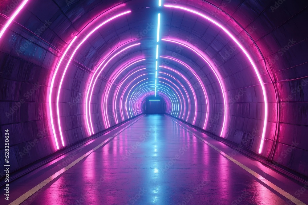 Poster neon lights illuminate a vibrant tunnel creating a captivating atmosphere for exploration and creati
