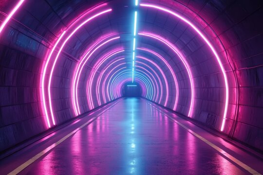 Neon lights illuminate a vibrant tunnel creating a captivating atmosphere for exploration and creativity, Neon Lights Tunnel Photo background Seamless  quality
