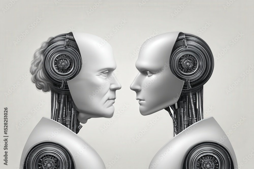 Poster futuristic robots showcasing intricate mechanical features and digital connections, representing adv