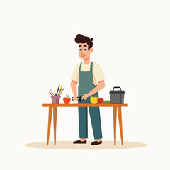Young man cutting fruit on kitchen counter – flat cartoon vector