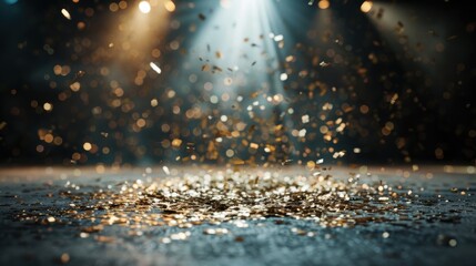 A dynamic scene featuring shimmering golden confetti suspended in the air, illuminated by bright spotlights, creating a festive and celebratory atmosphere in a dark space.
