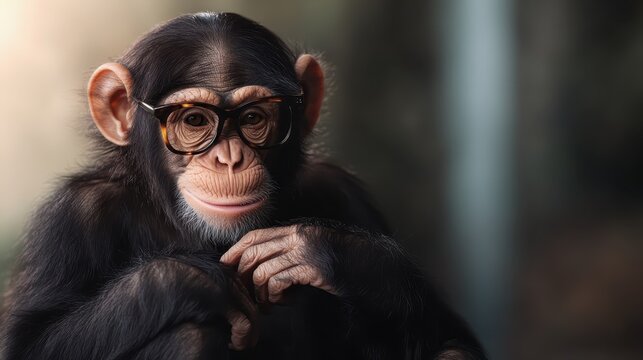 A charming chimpanzee wearing glasses caught in a thoughtful pose, exhibiting a blend of intelligence and humor that captivates viewers with its quirky personality.
