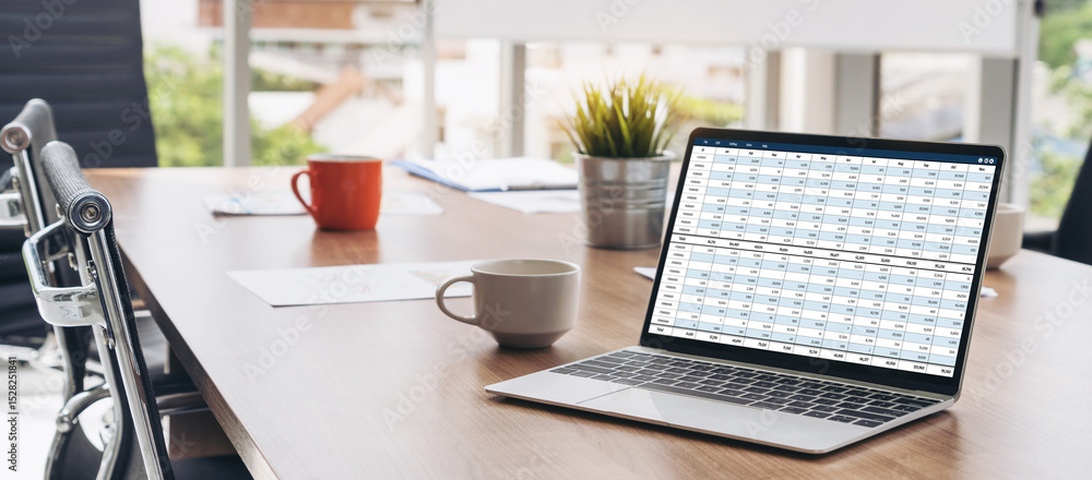 Poster accounting software on computer screen showing financial statement spreadsheets and account balance 