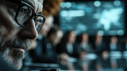 A serious businessman attentively observes a team discussing strategies in a conference room, embodying leadership, focus, and the importance of collaboration in corporate environments.