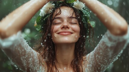 A joyful woman with a floral headpiece is embracing the rain, radiating happiness as droplets cascade around her, representing freedom, nature, and pure emotion in a vivid moment.