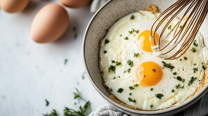 Three fresh eggs are cracked and whisked in a bowl, freshly prepared for cooking, embodying the essence of breakfast and the joy of home cooking moments.