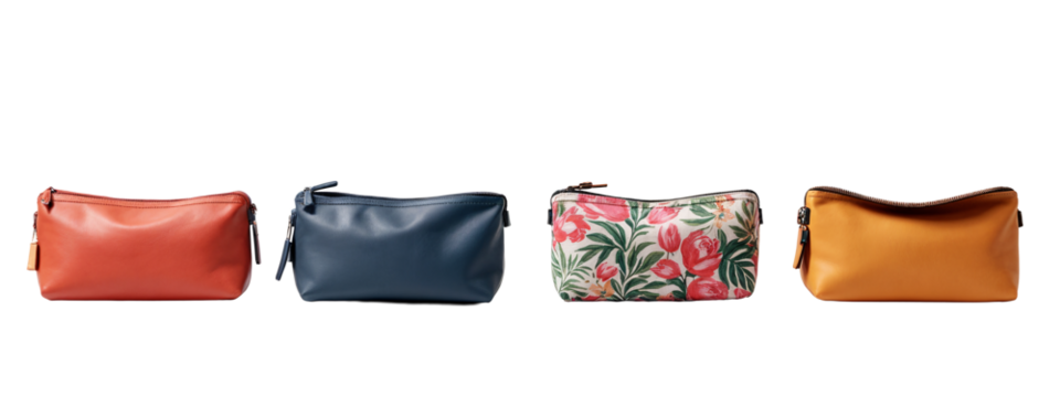 A row of four different colored leather clutches